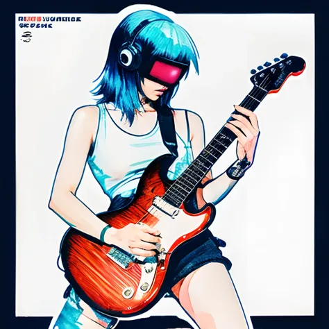 guitar,cyber punk,very watercolor,beautifully woman,Pixel art