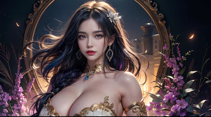 (masterpiece), the best quality, expressive eyes, perfect face, beautiful details face, A beautiful mature woman in reveal clothing posing shows her Extremely busty and attractive breasts, (smirk), (midnight blue hair), multicolored hair, (random hairstyle...