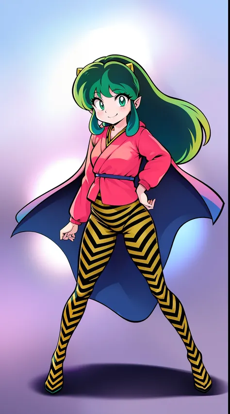 lum, , superhero costume, urusei yatsura, cloak, pants, pullover, kimono,martial pov,, pantyhose, sharpteeth, standing,smile, ma...