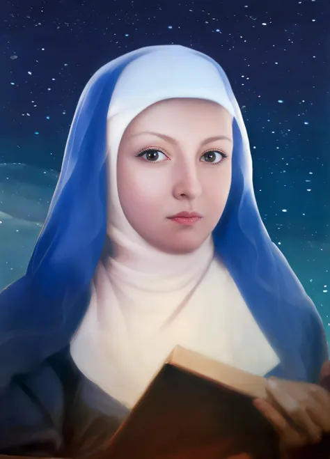 pintura de uma freira lendo um livro na noite, majestosa mulher de santo, mother sarah artist, inspirado em Fra Angelico, inspirado em Louis Le Nain, inspirado no Mestre da Lenda de Santa Luzia, Retrato da Virgem Maria, inspirado em Godfried Schalcken, Ret...