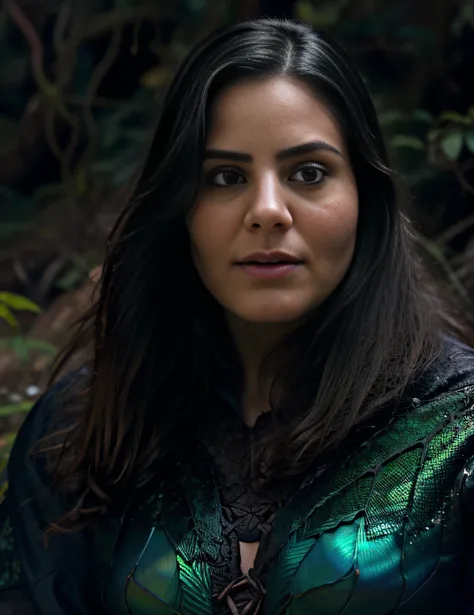 cinematic still, filmed by Guillermo del Toro, Amidst a deep dark forest, an enigmatic being appears--an amalgamation of flora and fauna, with vines for hair, eyes gleaming like embers, and skin adorned with iridescent scales