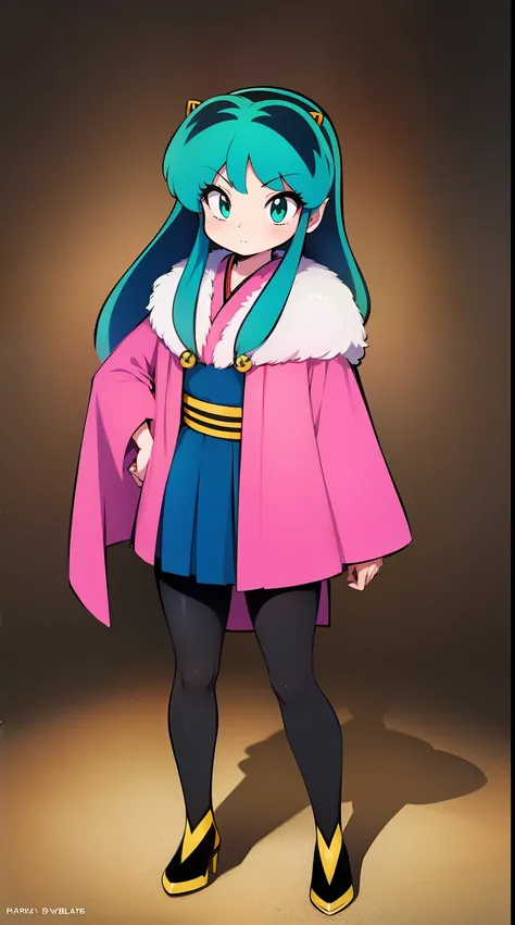 lum, , superhero costume, urusei yatsura, cloak, pants, pullover, kimono,martial pov,, pantyhose, sharpteeth, standing