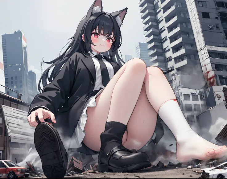 1girll, 16 yaers old, full bodyesbian, Bigger than the building,No shoes，{Black stockings}，black sock，Black jacket with white shirt ，Blue tie，Black hair，Wolf ears，Light red eyes，A cold expression， Destroyed buildings, Sit on a destroyed building，The one wh...