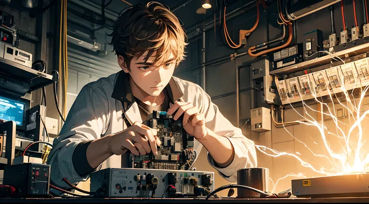 A 25 year old  boy working on circuit repairing containing circuits board with electricity flowing while workinh full hd 4k wallpaper