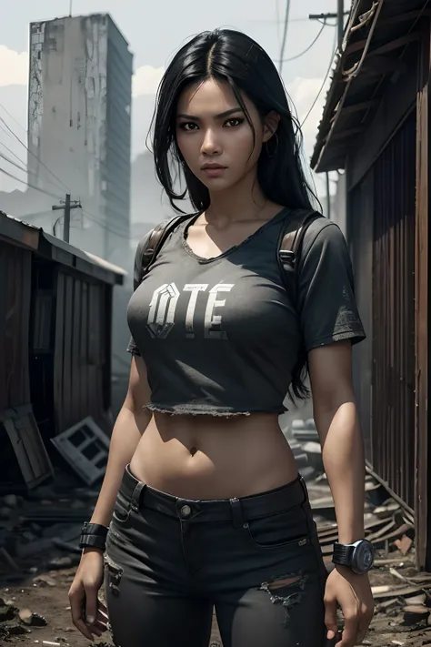 standing, facing forward, beautiful mixed Latina and Filipino woman in her 20s, black hair, stylish and sexy, smooth skin, fierce and determined  expression, isometric details, amazingly realistic photos, grey eyes, worn dirty clothing, apocalypse vibes