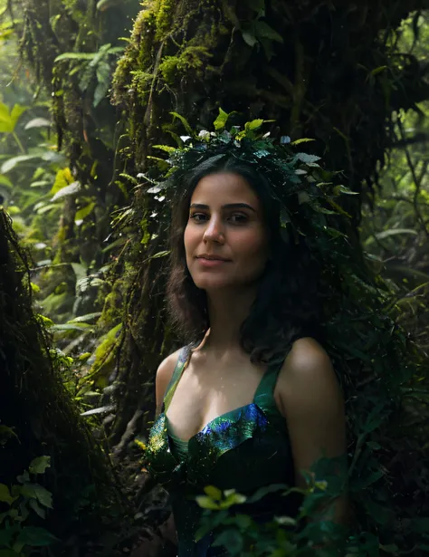 cinematic still, filmado por Guillermo del Toro, Em meio a uma floresta escura profunda, An enigmatic being emerges – an amalgam of flora and fauna, com trepadeiras para cabelo, olhos reluzentes como brasas, e pele adornada com escamas iridescentes