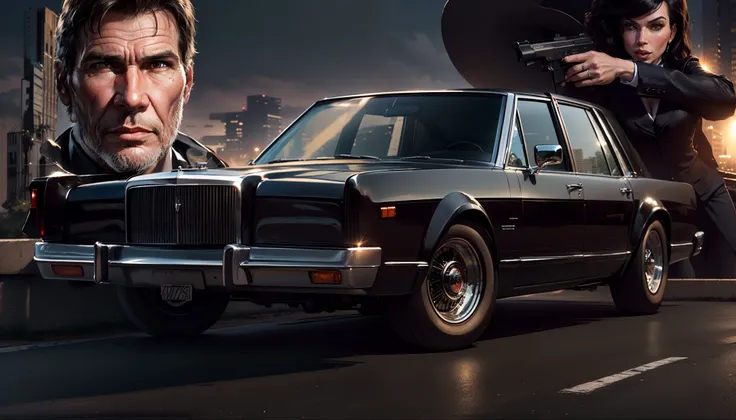 um imponente, Lincoln Continental Classic Black in the Foreground, behind a close-up of a gangster Harrison Ford armed with a pistol and a gorgeous Angelina Jollie female gangster holding a pistol and the sun and buildings of a street in the USA