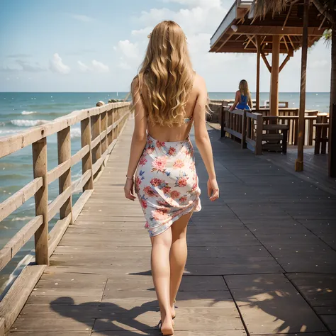 Generate an image of a young woman with long and wavy blonde hair. She should have a fit body, a large bust, a narrow waist, wide hips, and a great rear. at a beach boardwalk. in a vibrant floral summer dress, walks along the wooden planks, enjoying the se...