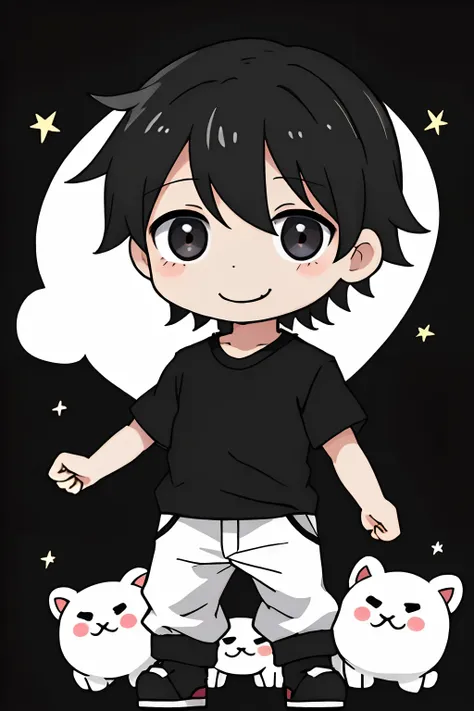 Very cute and cute little anime boy、((Chibi no Deformed Boy))、Smiling face、A dark-haired、Black shirt、cute  face、Simple flat background、full body Esbian、is standing、very detailed face and eyes、Clearly outlined、独奏、