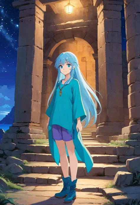 A beautiful young woman (1 girl) about 20 years old. Long light blue hair, straight hair, ((messy)) hair, ((bangs)) and big blue eyes. Turquoise tunic and purple tide pants. Leather boots. Greek templo ruins background at night, with a starry sky.