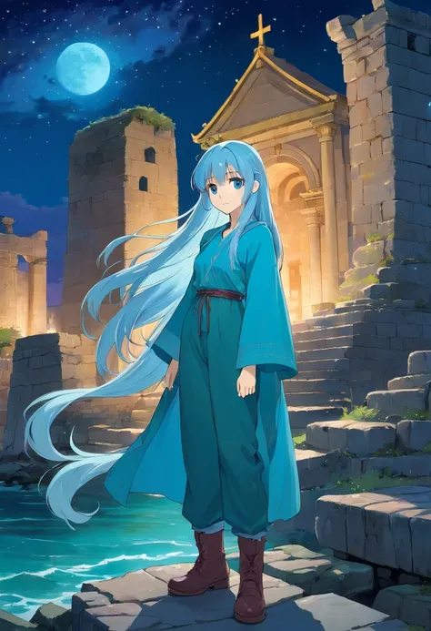 A beautiful young woman (1 girl) about 20 years old. Long light blue hair, straight hair, ((messy)) hair, ((bangs)) and big blue eyes. Turquoise tunic and purple tide pants. Leather boots. Greek templo ruins background at night, with a starry sky.