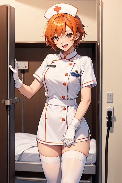 1girl, solo, nurse, nurse cap, white wear, ((white legwear, zettai ryouiki)), white gloves, very short hair, orange hair, smile, open mouth, standing, ((hospital room)), sharp outline, short sleeves, tomboy, boyish, best quality, masterpiece