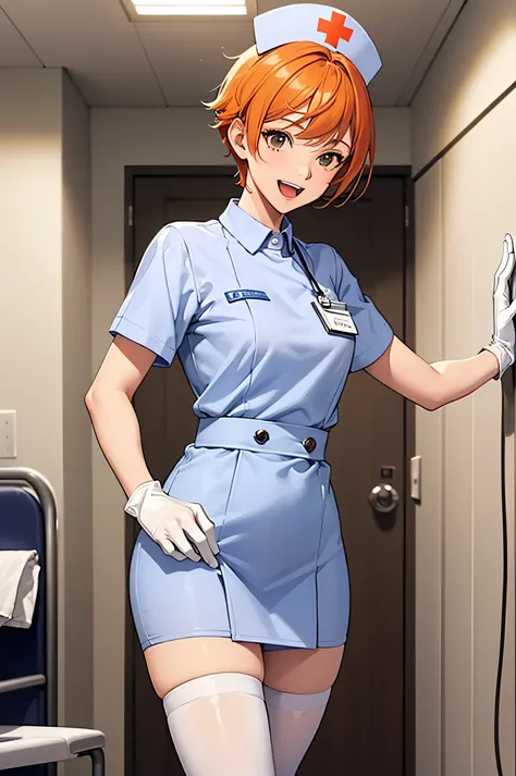 1girl, solo, nurse, nurse cap, white wear, ((white legwear, zettai ryouiki)), white gloves, very short hair, orange hair, smile, open mouth, standing, ((hospital room)), sharp outline, short sleeves, tomboy, boyish, best quality, masterpiece