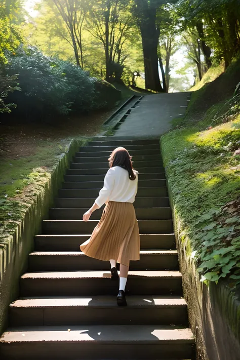 There is a woman in her 20s halfway up the stairs. She looked back、Smile and wave to me. Her hair is light brown and long, Swaying in the wind. Her clothes are cut and sewn, And underneath she wears a navy long skirt. Long skirt fluttering in the wind. Her...