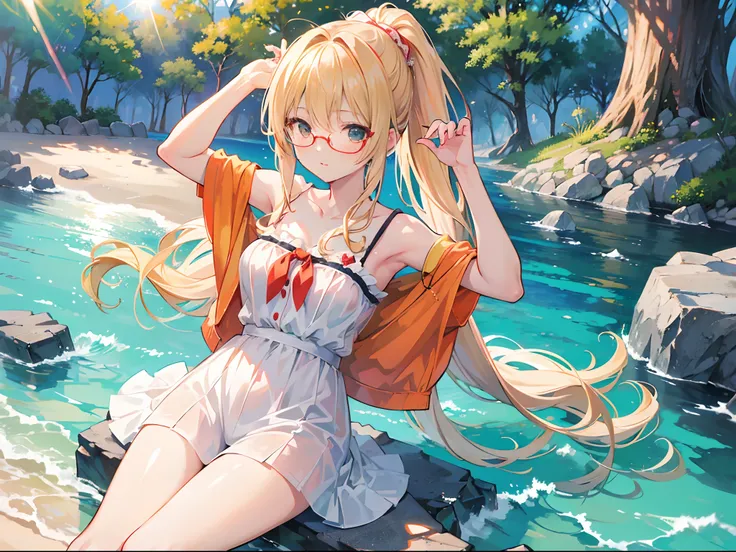 (masterpiece), Anime, (anime: 1.5), Shiina Mahiru, Blond long hair, glasses, summer time, (the girl nextdoor spoils me rotten) (shiina Mahiru 1.5), beautiful and cute, highly detailed, ponytail, lens flare, water splashes