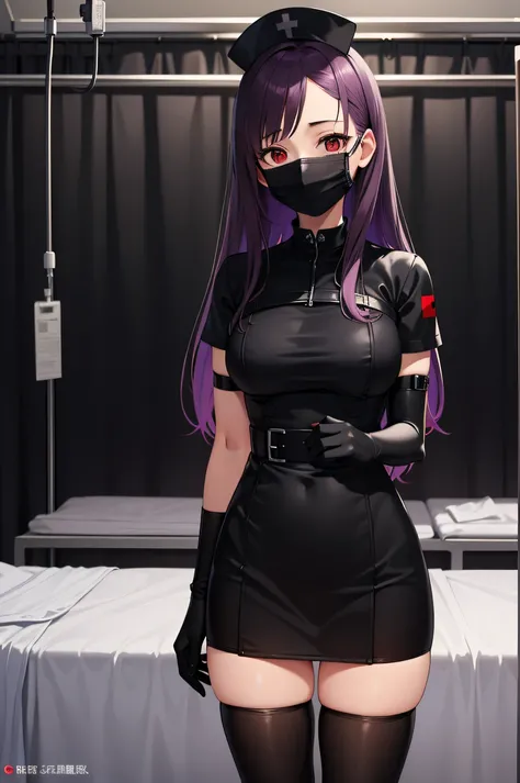 black nurse, 1woman, solo, black nurse cap, black wear, ((black legwear, zettai ryouiki)), black elbow gloves, long hair, purple hair, red eyes, ((black surgical mask, covered nose)), standing, ((surgery room)), sharp outline, short sleeves, mature female,...