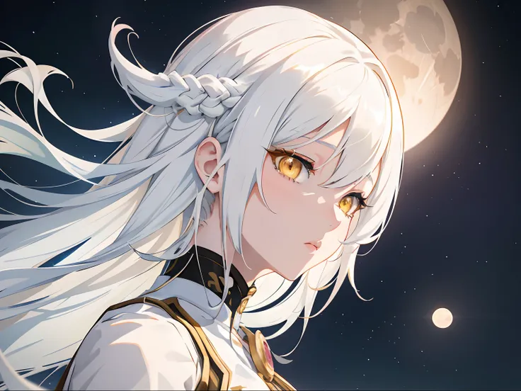 Anime girl with white hair and yellow eyes staring at the moon, a beautiful anime portrait, detailed portrait of an anime girl, anime visual of a cute girl, Girl with white hair, Guweiz in Pixiv ArtStation, Detailed digital anime art, Smooth anime CG art, ...