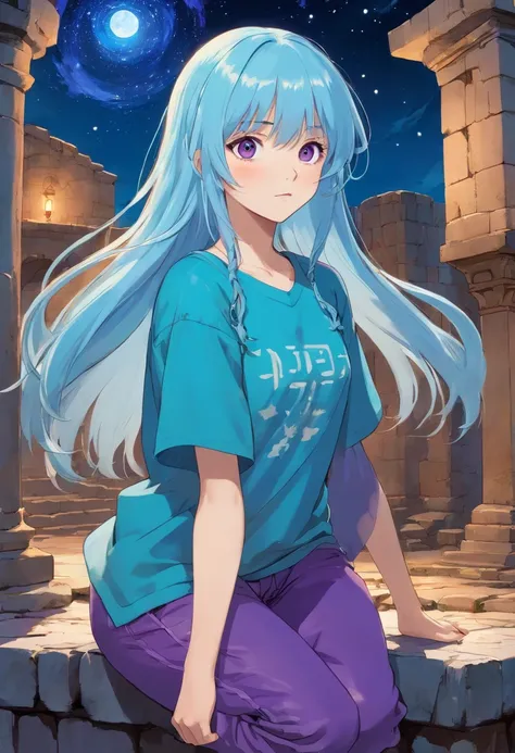 A beautiful young woman (1 girl) about 20 years old. Long light blue hair, straight hair, ((messy)) hair, ((bangs)) and big  eyes (one blue, one purple). Turquoise long t-shirt and purple tide pants. Leather boots. Greek templo ruins background at night, w...