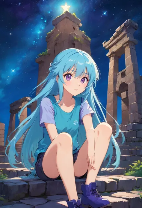 A beautiful young woman (1 girl) about 20 years old. Long light blue hair, straight hair, ((messy)) hair, ((bangs)) and big  eyes (one blue, one purple). Turquoise long t-shirt and purple tide pants. Leather boots. Greek templo ruins background at night, w...