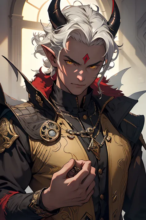 beste-Qualit, tmasterpiece, extra high resolution, Detailed, realisti, 独奏, The Man with the Gray Skin, demon, A devil with horns and curls that grow out of his forehead, red skin, Yellow eyes, tiefling, Devils Tail, Gray skin color,without wings, in full h...