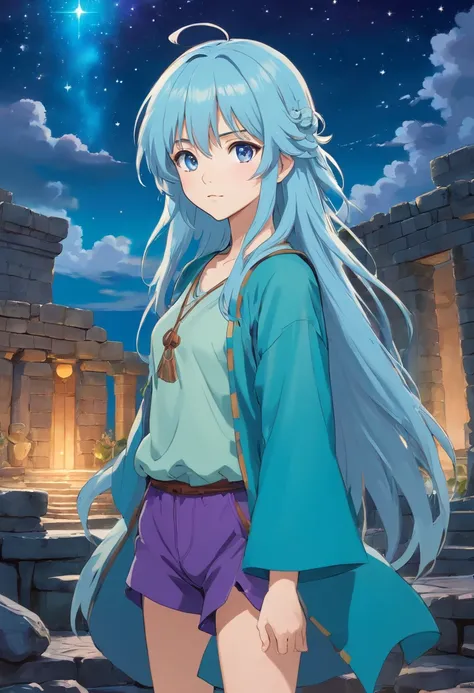 A beautiful young woman (1 girl) about 20 years old. She is a warrior. Long light blue hair, straight hair, ((messy)) hair, ((bangs)) and big blue eyes. Turquoise tunic and purple tide pants. Leather boots. Greek templo ruins background at night, with a st...