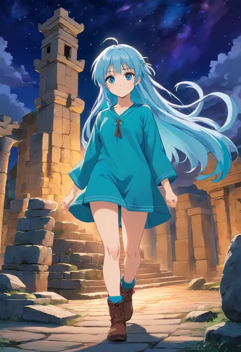 A beautiful young woman (1 girl) about 20 years old. She is a warrior. Long light blue hair, straight hair, ((messy)) hair, ((bangs)) and big blue eyes. Turquoise tunic and purple tide pants. Leather boots. Greek templo ruins background at night, with a st...