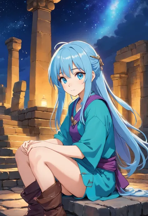 A beautiful young woman (1 girl) about 20 years old. She is a warrior. Long light blue hair, straight hair, ((messy)) hair, ((bangs)) and big blue eyes. Turquoise tunic and purple tide pants. Leather boots. Greek templo ruins background at night, with a st...