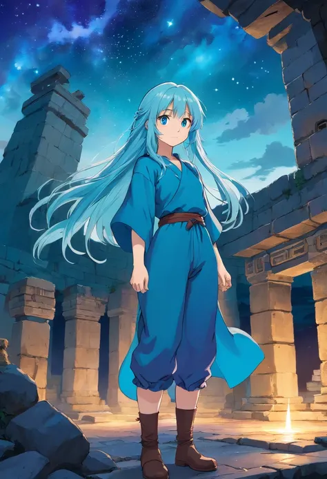 A beautiful young woman (1 girl) about 20 years old. She is a warrior. Long light blue hair, straight hair, ((messy)) hair, ((bangs)) and big blue eyes. Turquoise tunic and purple tide pants. Leather boots. Greek templo ruins background at night, with a st...