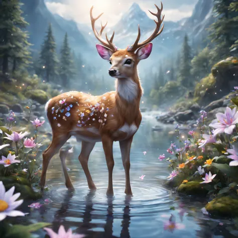 Magic deer，kawaii，fluffly，Sparkling star body painting，In a stream between the mountains, Ethereal dreams，butterflys，Flower crown，magical forest background，Glittering reflections on the water，Serene expression，Flowers blooming around，a fantasy forest，photo...