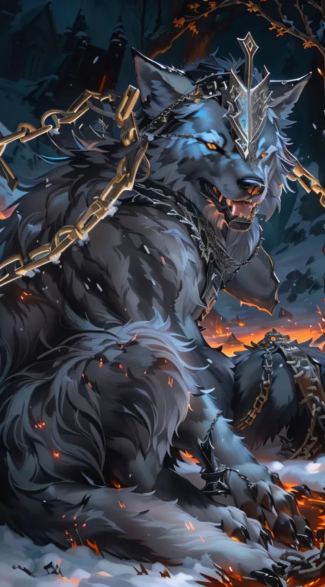 painting of a wolf with chains and a sword sitting in the snow, fenrir, a minotaur wolf, grim - wolf, just art for dark metal music, wolf in hell, an anthropomorphic wolf, great wolf, anthropomorphic wolf, wolf pedant, furry fantasy art, demon-fang gnoll, ...