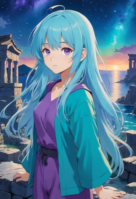 A beautiful young woman (1 girl) about 20 years old. Long light blue hair, straight hair, ((messy)) hair, ((bangs)) and big (right turquoise, left purple) eyes. Turquoise tunic and purple tide pants. Leather boots. Greek templo ruins background at night, w...