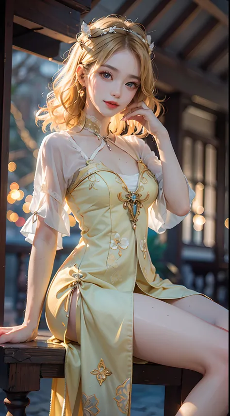 ((cowboy shot), Shot from a random perspective, 20-year-old Asian model, slim, Slimming the waist, curlies, White period costume, China-style, Floral, Pattern, Long brownish-yellow hair, Beautiful hairpins, slender leg, pretty legs, Cross ed leg, warm ligh...