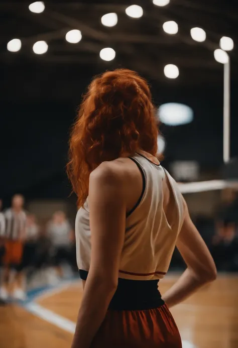 photo dune femme rousse, cheveux long roux clair, habillée dune tenue de pompom girl sexy, arrière plan terrain de basketball