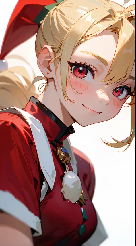 18 year old girl, Wearing a Santa costume、Blonde ponytail、Ahoge、big round red eyes、A slight smil、Laugh、small tits、Realistic painting in every detail, Christmas Outdoors、delicate detail、facial close-up