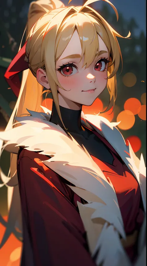 18 year old girl, Wearing a Santa costume、Blonde ponytail、Ahoge、big round red eyes、A slight smil、Laugh、small tits、Realistic painting in every detail, Christmas Outdoors、delicate detail、facial close-up