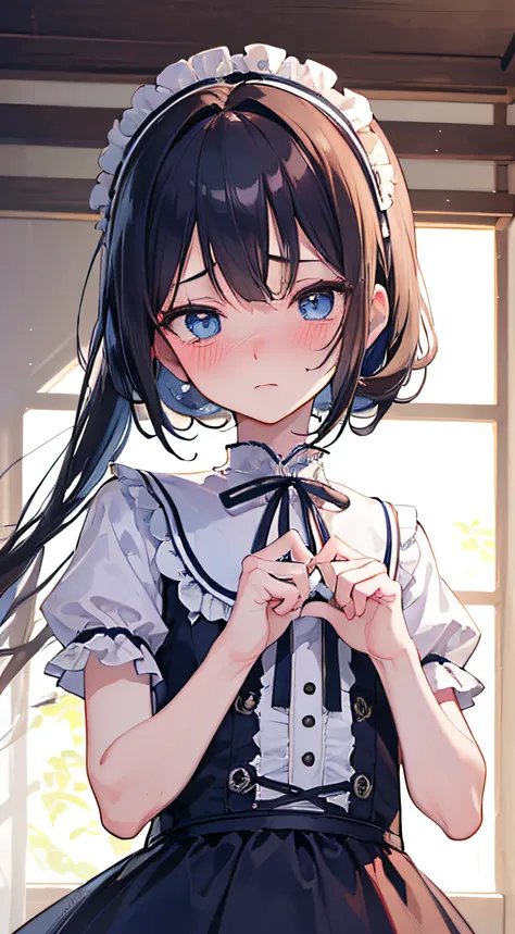 (masutepiece, Best Quality:1.2), 8K, 85 mm, Official art, Raw photo, absurderes, A dark-haired, (Blue eyes, Lolita Fashion, sweetlolita, Gothic, Dress:1.2), Idol face, Upper body, Beautiful Girl, gardeniass, Copenhagen, Short sleeve, Elegance, Sophisticate...