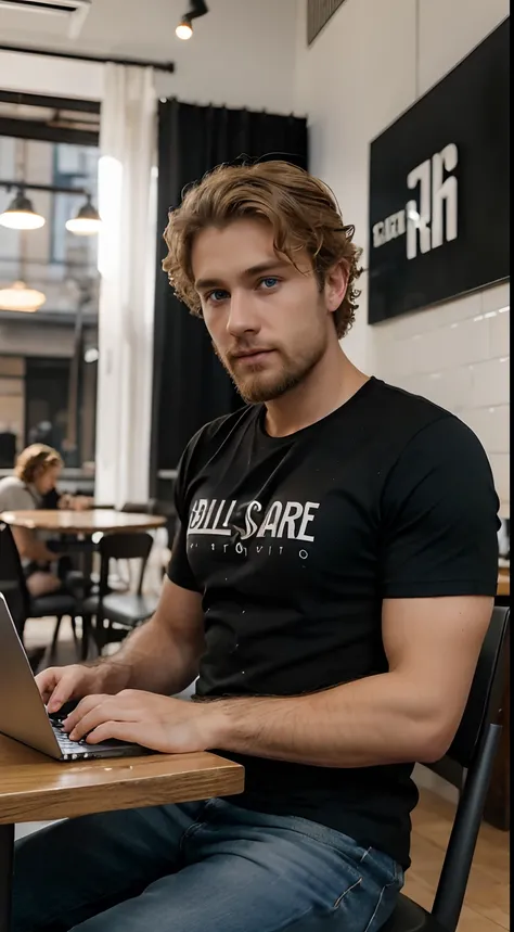 A 30-year-old handsome guy with blue eyes, blond with short, curly hair and a beard, dressed in a black t-shirt, sitting at a table and working on a laptop in a cafe, photoshoot, realistic photo