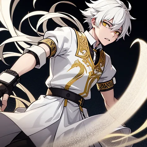 1 man, white hair with black highlights, medieval lace up shirt, white but yellowish skin, yellow eyes, wind, wrist brace.