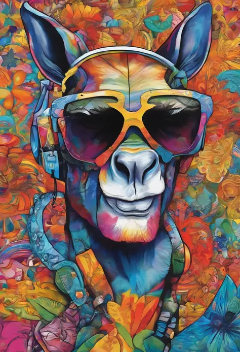 grafismo, diverse and playful geometric figures, Rainbow, romero britto, salvador dali, um burro, A domestic 3 donkeys pack animal with sunglasses and DJ headphones and with the thought running through his fingers and the confusion of memory ((fundo branco...