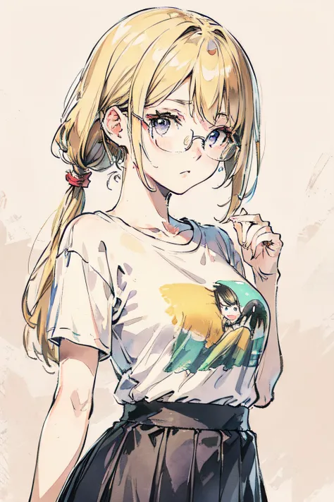 masterpiece, best quality, high quality, 1female, 24y, solo, female focus, upper body, wearing glasses, blonde hair with twin tail hairstyles. dressing t-shirt oversize and tight little skirt.