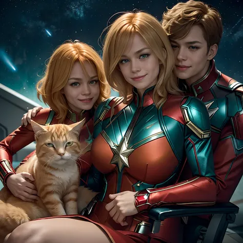 A fluffy orange tabby cat with green eyes and a red collar. The cat is sleeping on the lap of Captain Marvel, who is wearing her blue and red suit and smiling at the camera. Behind them is a starry sky and a spaceship. giga_busty