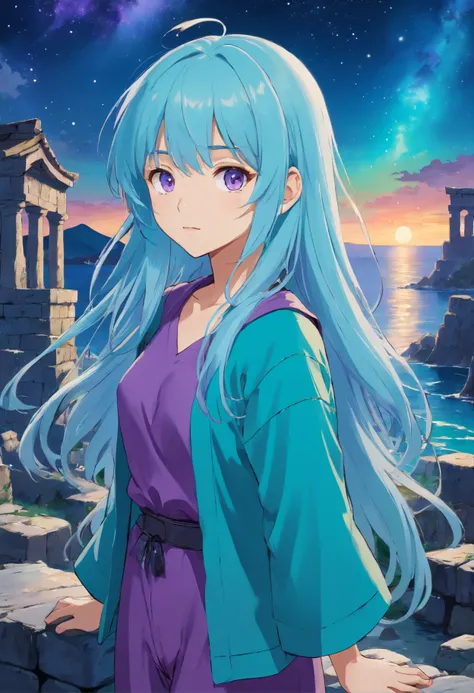 A beautiful young woman (1 girl) about 20 years old. Long light blue hair, straight hair, ((messy)) hair, ((bangs)) and big (right turquoise, left purple) eyes. Turquoise tunic and purple tide pants. Leather boots. Greek templo ruins background at night, w...