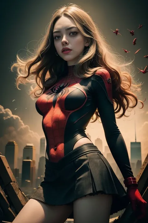 Amanda Seyfried、Sticking out the navel、newyork、She wears a torn Spider-Man suit,wearing skirt、 Red and black color scheme,Dynamic、​masterpiece、top-quality、ultra-detailliert、ighly detailed、beautiful detailed brilliance、超A high resolution