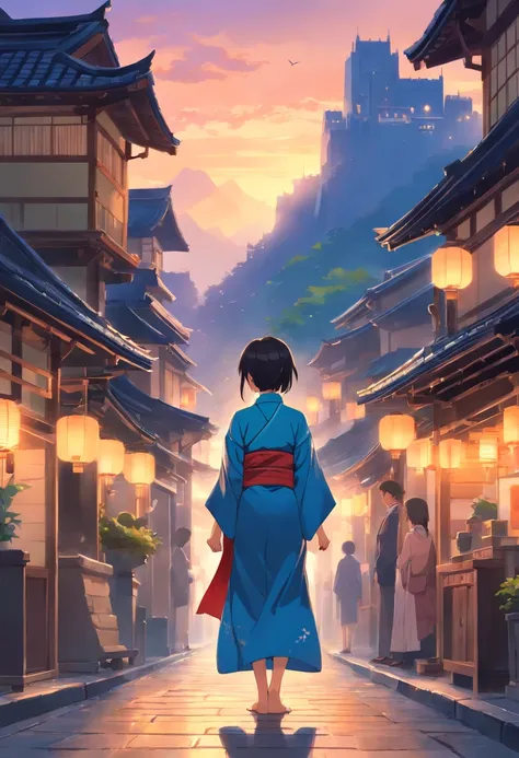 Castle town at dusk,Warring states period,early summer,Princess in kimono,Boy in hakama,A dark-haired,The long-haired,Heartbreaking love,first love,