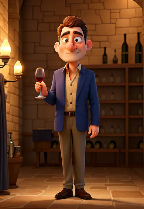 A wise and mature man at the front, illuminated by the light of a lamp, Against the backdrop of a wine cellar holding a glass of wine in his hand near his nose