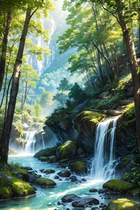 Mountain,Small rivers,Peaceful atmosphere,natures beauty,serene environment,Lush greenery,cascading waterfalls,sunlight filtering through trees,The sound of running water,Fresh air,peaceful scenery,Reflection in the water,Shadows dancing on the rocks,seren...