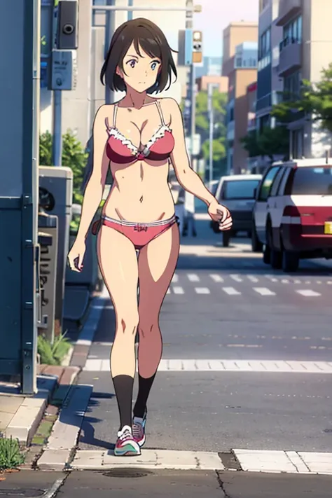 Sexy girl walking outside on street in just underwear, bra and panties, bikini stlye panties, socks, shoes, short hair, full body, street