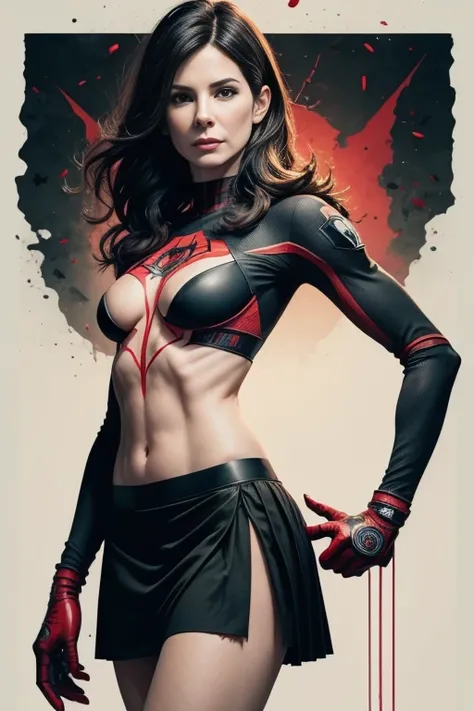 sandra bullock、Sticking out the navel、newyork、She wears a torn Spider-Man suit,wearing skirt、 Red and black color scheme,Dynamic、​masterpiece、top-quality、ultra-detailliert、ighly detailed、beautiful detailed brilliance、超A high resolution