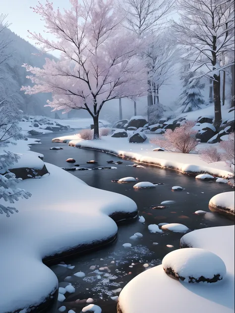 There is a small stream that flows in the middle of the snow-capped rocks，The branches of the red bean tree are covered with snowflakes，Red prayers hung on tree branches，Frost flowers。Winter scenery，high qulity，  a 3D render, Beautiful pictures。