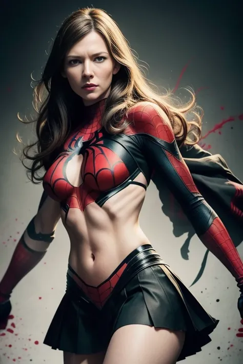 Anna Torv、Sticking out the navel、newyork、She wears a torn Spider-Man suit,wearing skirt、 Red and black color scheme,Dynamic、​masterpiece、top-quality、ultra-detailliert、ighly detailed、beautiful detailed brilliance、超A high resolution